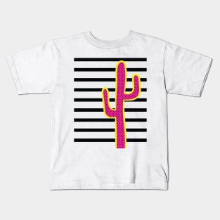 Pop art pink and yellow cactus on black and white stripes Kids T-Shirt